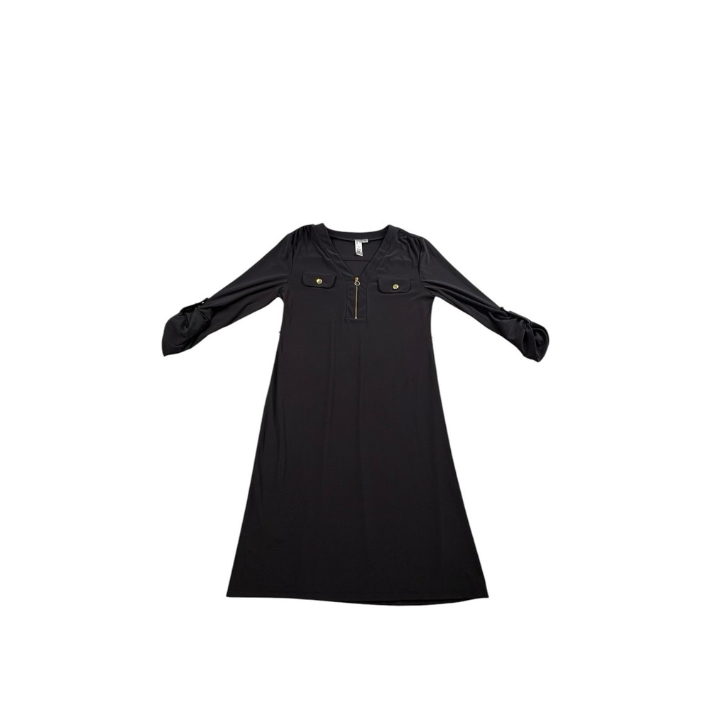 Anna Florale Black Zip Front Shift Dress Womens Medium 3/4 Sleeve